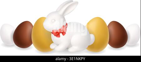 White Easter bunny with red bow tie and colorful eggs. 3D spring holiday illustration Stock Vector