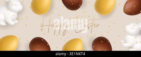 Happy Easter banner with rabbits, eggs and confetti. 3D festive holiday background Stock Vector