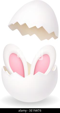 Broken Easter egg with bunny ears inside. 3D holiday illustration Stock Vector