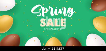 Spring sale Easter banner with eggs and confetti on green background. 3D festive special offer design Stock Vector