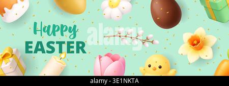Happy Easter banner with flowers, chick, candle and eggs. 3D spring holiday design Stock Vector