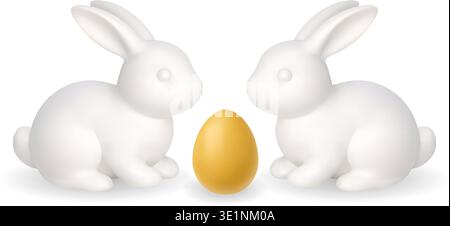 Two white Easter bunnies with golden egg. Minimal 3D spring illustration Stock Vector