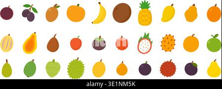 Tropical fruits icon collection. Flat tropical and exotic food isolated on white background Stock Vector