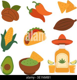 Mexican food and drink clipart set with tacos, guacamole, tequila, corn and traditional ingredients Stock Vector