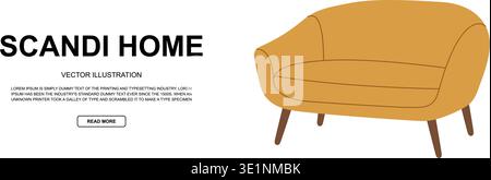 Minimal vector interior with yellow loveseat. Flat line illustration with clean background for furniture ad or product concept. Stock Vector