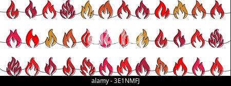Decorative fire flame clipart. Vector seamless border with multiple flame shapes in red, pink, and orange tones Stock Vector