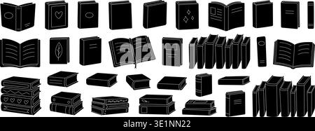 Silhouette vector set of books. Including open, closed, stacked, and decorated books Stock Vector
