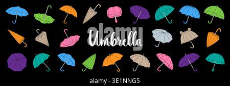 Colorful umbrella collection on black background, seamless vector pattern of open and closed umbrellas for stylish prints and decor Stock Vector