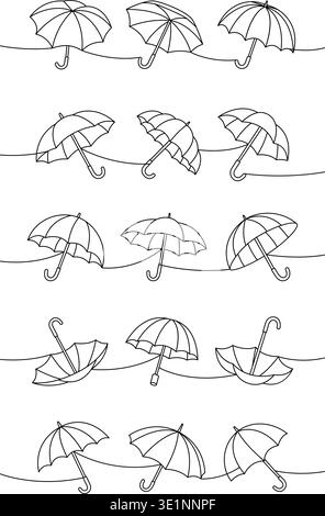 Minimalist linear outline of umbrellas in five separate wavy lines, abstract black contour illustration of rain accessories Stock Vector