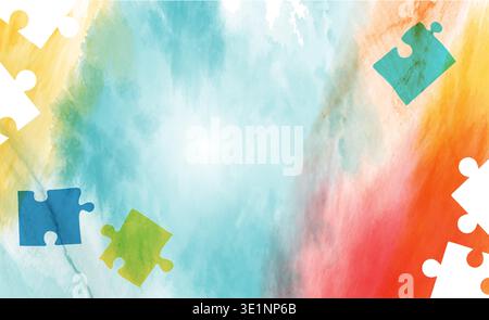 Autism awareness puzzle background with watercolor colors and copy space for banner poster Stock Vector