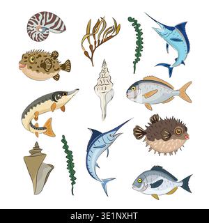 A set of sea creatures, fish, pufferfish, marlin, pike, shells, and seaweed. Flat vector images of marine animals and plants Stock Vector