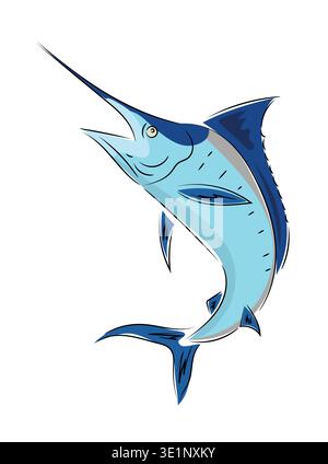 Image of jumping blue marlin, stylized flat vector illustration, sea sport fishing icon isolated on white background. Hand drawn, scribble. Stock Vector