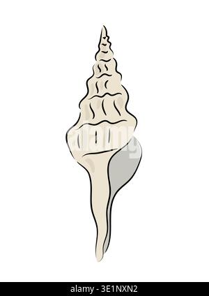 Sea shell in spiral shape, elegant marine shell illustration, flat vector ocean conch isolated on white background. Hand drawn, scribble. Stock Vector