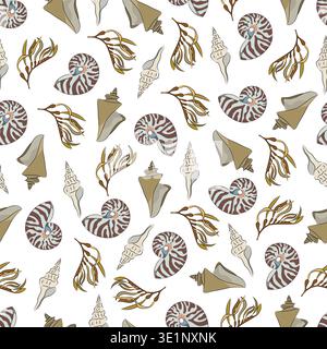 Seamless pattern marine with shells, seaweed, nautilus clams, and seaweed. Decorative flat vector illustration. Hand drawn, scribble. Stock Vector