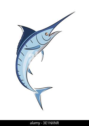 Image of jumping blue marlin, stylized flat vector illustration, sea sport fishing icon isolated on white background. Hand drawn, scribble. Stock Vector