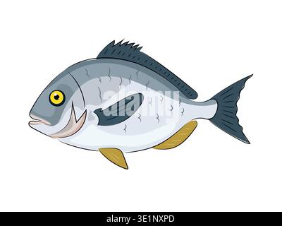 Silver sea fish with yellow fins, flat vector illustration, cartoon style, seafood, animal isolated on white background. Hand drawn, scribble. Stock Vector