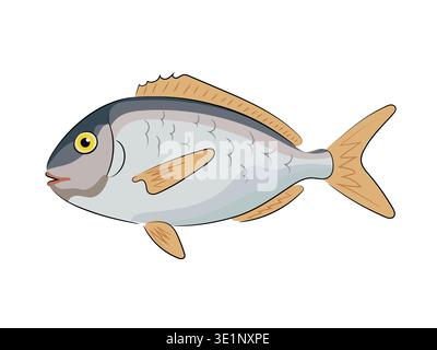 Silver sea fish with yellow fins, flat vector illustration, cartoon style, seafood, animal isolated on white background. Hand drawn, scribble. Stock Vector