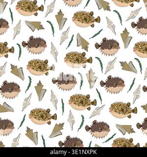 Seamless pattern marine with pufferfish, shells and seaweed, cute sea animals, and seashells. Flat vector background. Hand drawn, scribble. Stock Vector