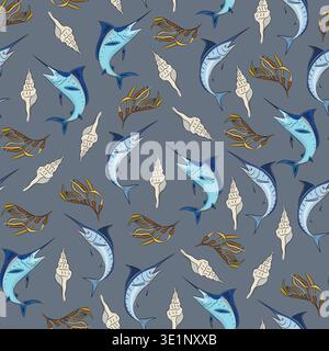 Seamless pattern sea with marlin, shells and seaweed. Flat vector background with sea life, swordfish and clam shells. Hand drawn, scribble. Stock Vector