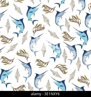 Seamless pattern sea with marlin, shells and seaweed. Flat vector background with sea life, swordfish and clam shells. Hand drawn, scribble. Stock Vector