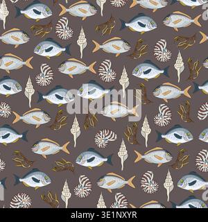 Seamless pattern sea with fish, shells and seaweed, flat vector background with nautilus shells and tropical fish. Hand drawn, scribble. Stock Vector