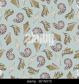 Seamless pattern marine with shells, seaweed, nautilus clams, and seaweed. Decorative flat vector illustration. Hand drawn, scribble. Stock Vector