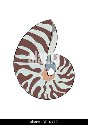Nautilus shell, spiral sea shell with striped pattern, flat vector illustration of marine mollusk shell isolated on white background Stock Vector
