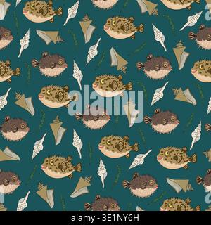 Seamless pattern marine with pufferfish, shells and seaweed, cute sea animals, and seashells. Flat vector background. Hand drawn, scribble. Stock Vector