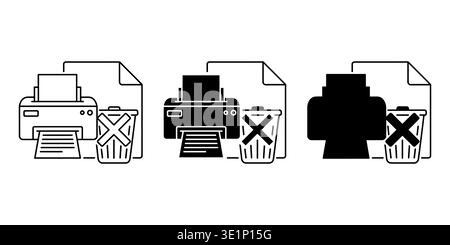 A set of three flat vector icons representing a document printing process cancelled with a trash bin Vector Stock Vector