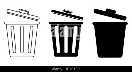 Three different styles of trash can icons featuring lids in various graphical design formats Vector Stock Vector