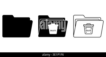 A set of three folder icons showing a standard folder and two folders with a delete trash symbol Vector Stock Vector