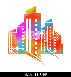 Colorful logo modern city skyline with skyscrapers in flat vector style on white background. Hand drawn Not AI, vector illustration. Stock Vector