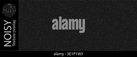 Noisy black bg with white grainy pattern, dots overlay for vector dark texture. Grunge paper effect and gritty abstract dust on vintage halftone wall Stock Vector