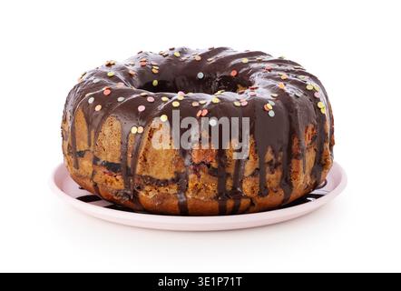 Chocolate cake With Colorful Sprinkles on Pink Plate, Homemade Party Dessert Stock Photo