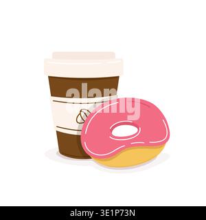 Coffee in takeaway cup and donut. Hot drink with sweet pastry, workplace or office snack, vector illustration. Stock Vector