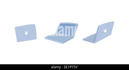 Laptops and tablet with funny apple logo with leaves. Doodle vector illustration. Digital lifestyle, remote work, online learning. Stock Vector