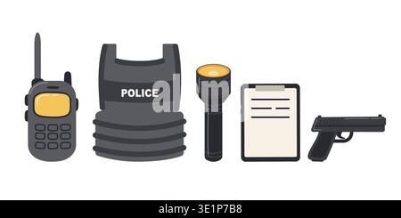 Police officer work items. Protective gear, communication devices and weapons. Flat vector illustration. Stock Vector