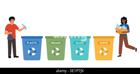 Separate waste. Men and women carry plastic waste to blue bin with label plastic and other bins. Doodle vector illustration. Stock Vector