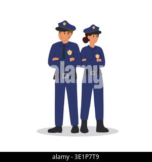 Two brave police officers on guard. Man and woman in blue police uniform standing full height and strictly maintaining order Stock Vector