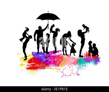 Family parents and kids. Silhouettes of families and colorful blots. Hand drawn. Not AI, vector illustration. Stock Vector