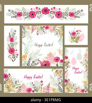 A set of beautiful Easter cards. Happy Easter. hand drawn. Not AI, Vector illustration Stock Vector