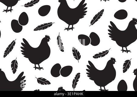 black seamless pattern with hens, eggs and feathers simple farm poultry background- vector illustration Stock Vector