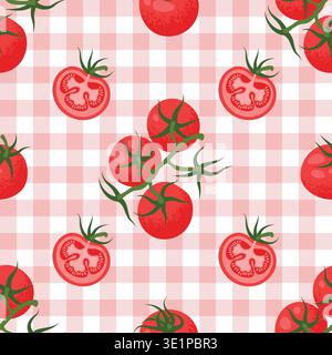 Tomatoes Seamless Pattern in Mediterranean style on a gingham background. Trendy Vector illustration in hand-drawn flat style. Stock Vector