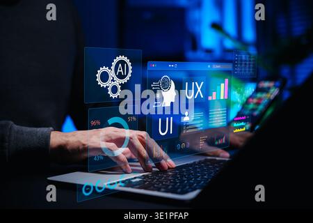 AI powered UX UI dashboard interface displaying analytics charts on laptop. Professional analyzing digital data, performance metrics, reports using AI Stock Photo