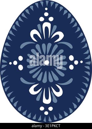 Blue Decor Easter Egg with White Floral Folk Pattern Isolated on Background. Traditional Ornamental Spring Holiday Symbol. Handmade wax decoration Stock Vector