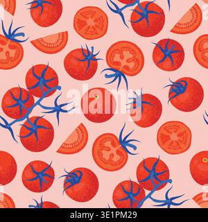 Tomatoes Seamless Pattern in Mediterranean style. Trendy Vector illustration in hand-drawn style. Stock Vector