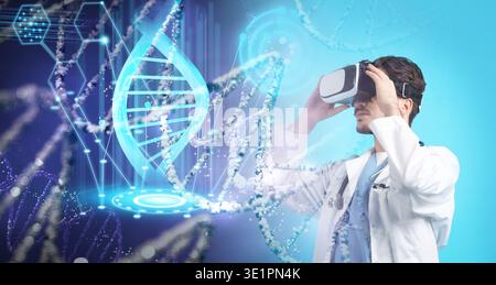 Scientist using VR headset, double exposure with virtual elements. Future technology in biochemistry Stock Photo
