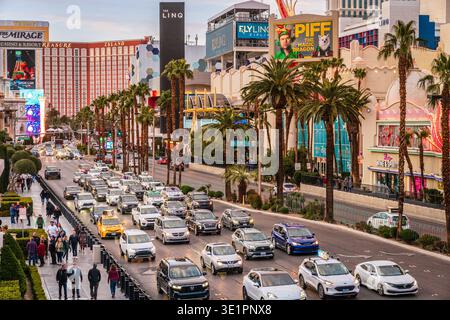 March 6, 2023, Las Vegas, NV: Evening traffic on Las Vegas Boulevard in Las Vegas, Nevada Stock Photo
