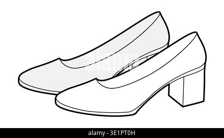 Block heel pump shoe women sketch pair. Closed toe dress shoe for party, office, evening outfit. Technical fashion illustration, CAD mockup, detailed vector men unisex isolated elegant style. Stock Vector