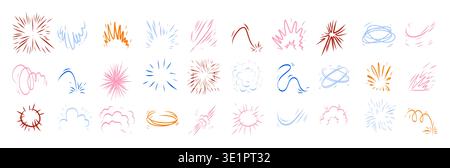 Color comic effect manga elements set on clean white background. Bright pop art explosions, bubbles, lightning and text clouds for playful superhero headlines, sales banners and kids comic designs. Stock Vector
